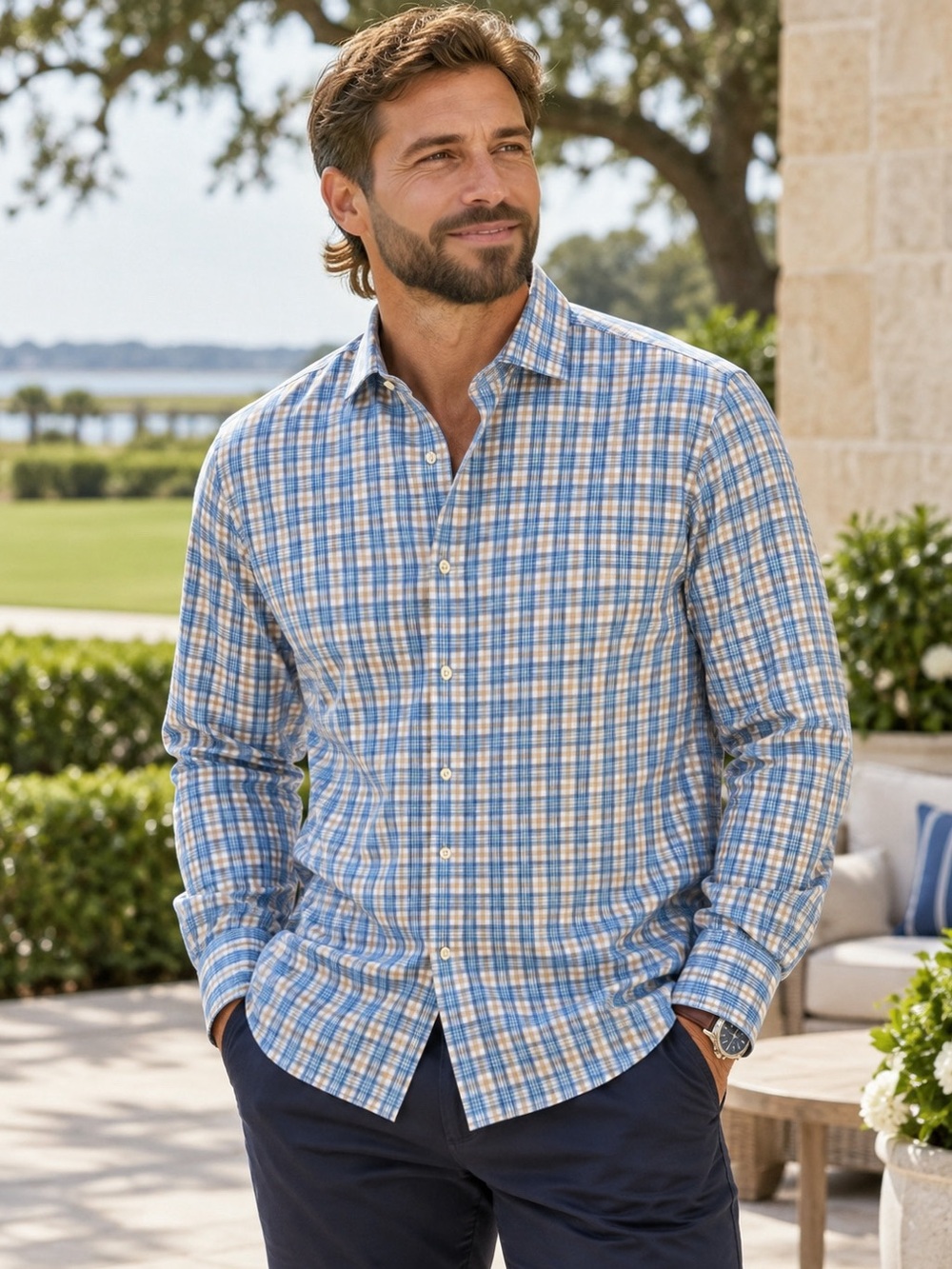 Peter Millar Men’s Large Plaid Button Down Shirt Blue Tan 100% Cotton